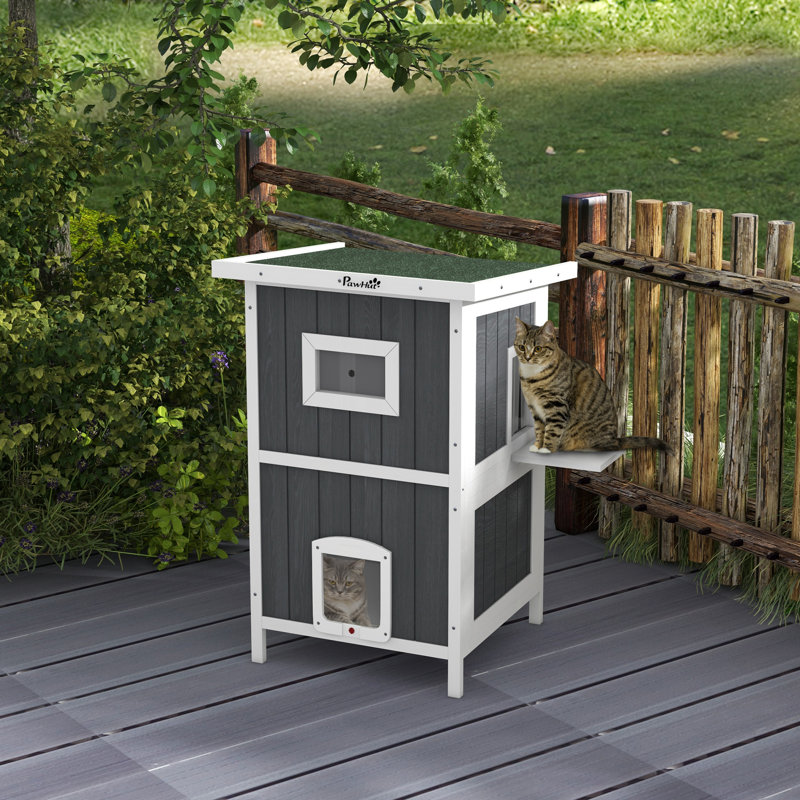 Tucker Murphy Pet Outdoor Cat House 2 Tiers Feral Cat Shelter Wooden With Weatherproof Roof Removable Floor Escape Doors For 1 2 Cats Gray Wayfair